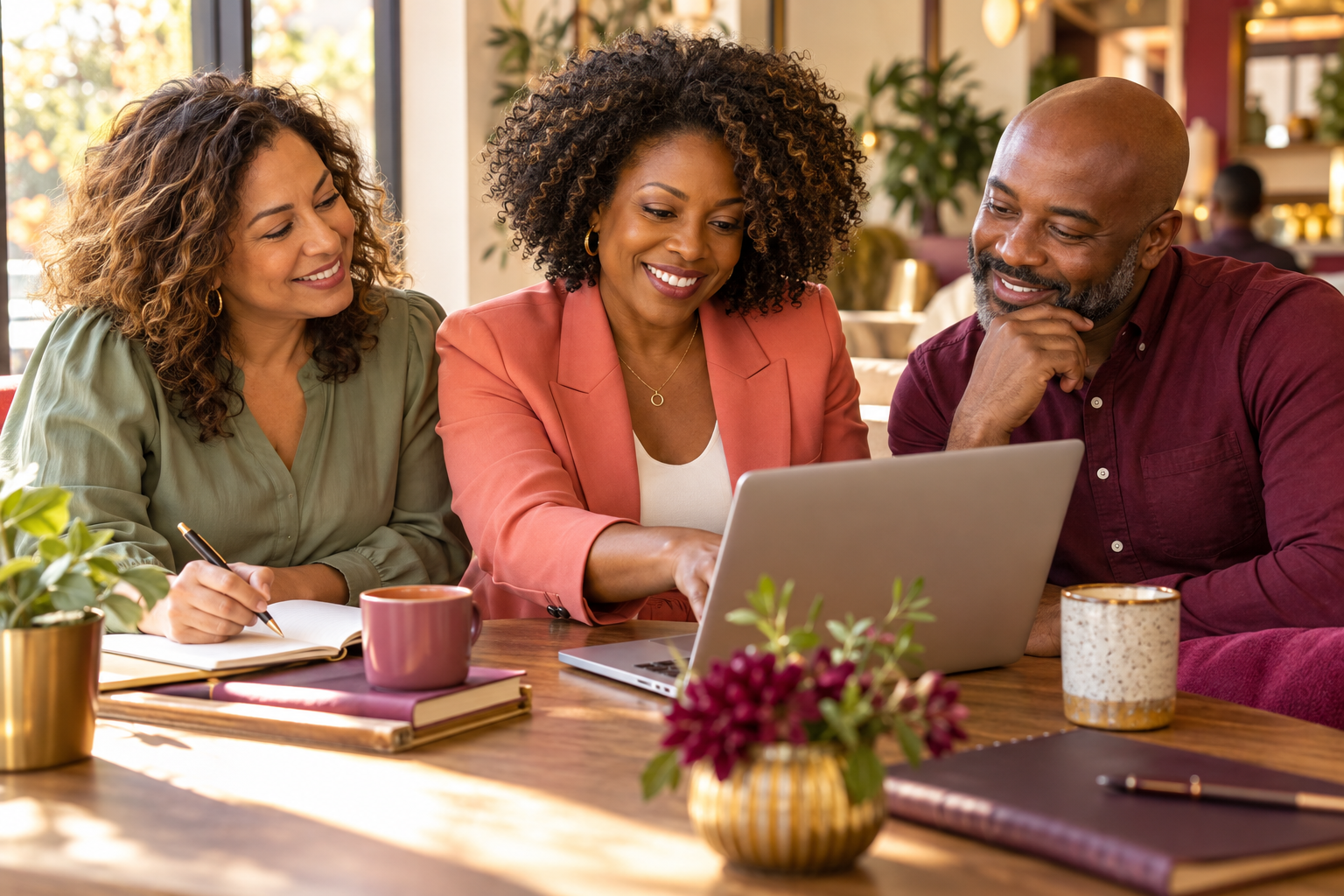 Illustrative scene of business owners sharing ideas at a relaxed workspace